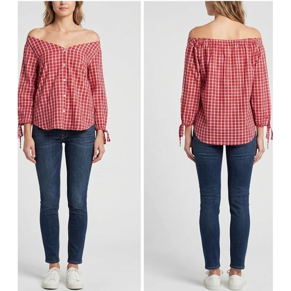New Madewell Gingham Tie-Sleeve Top Medium Red Button Front‎ Off Shoulder